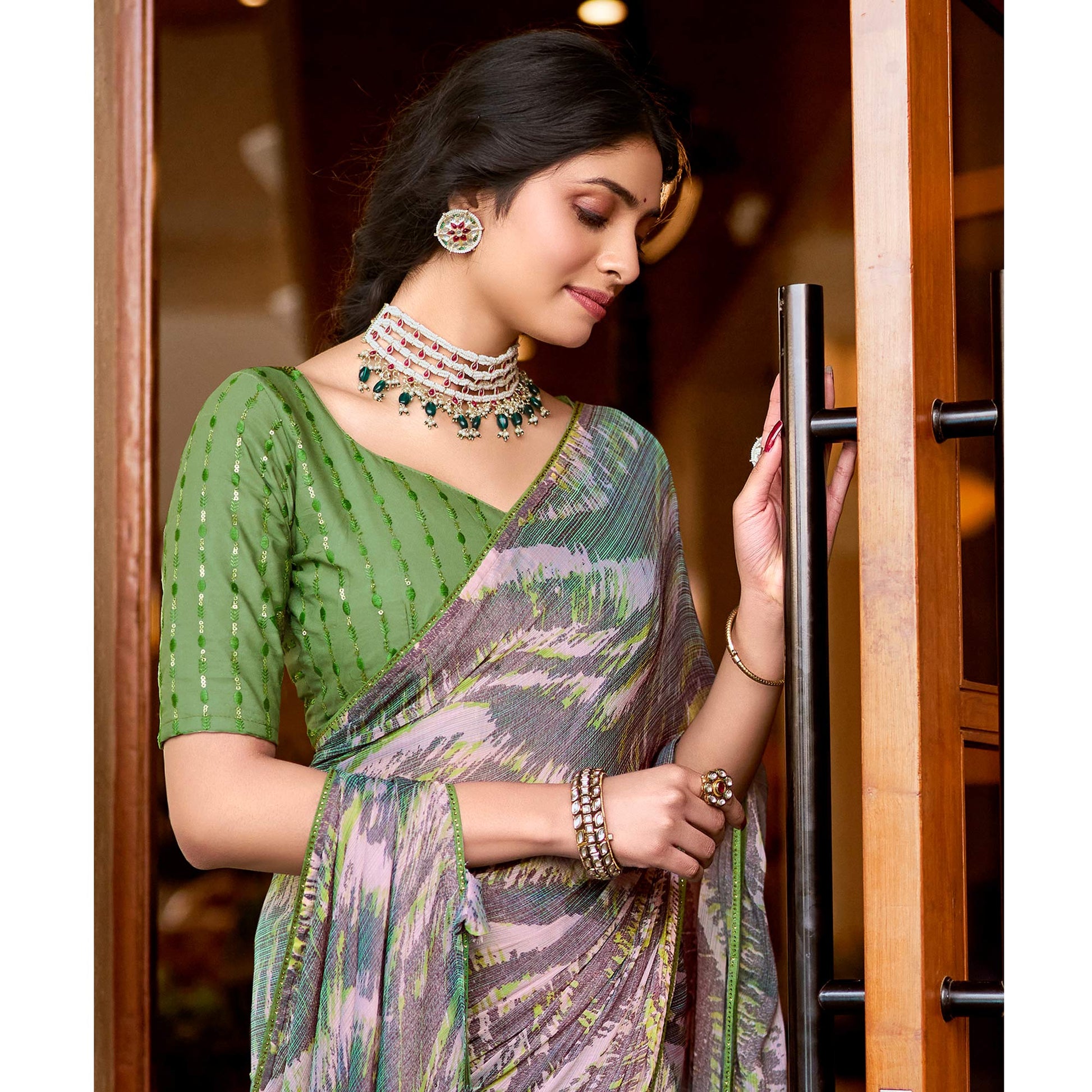 Grey Printed Chiffon Saree With Tassels