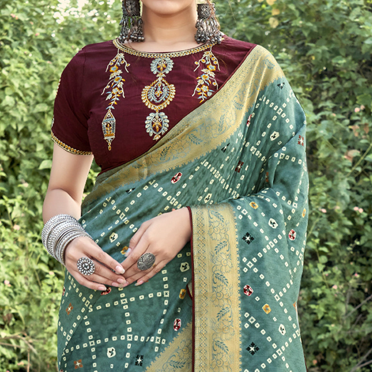 green-bandhani-printed-dola-silk-saree