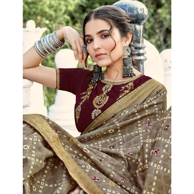 Chikoo Bandhani Printed Dola Silk Saree