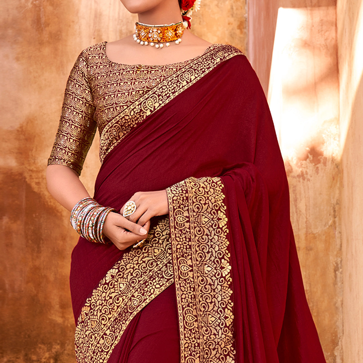Maroon Solid With Jacquard Border Vichitra Silk Saree