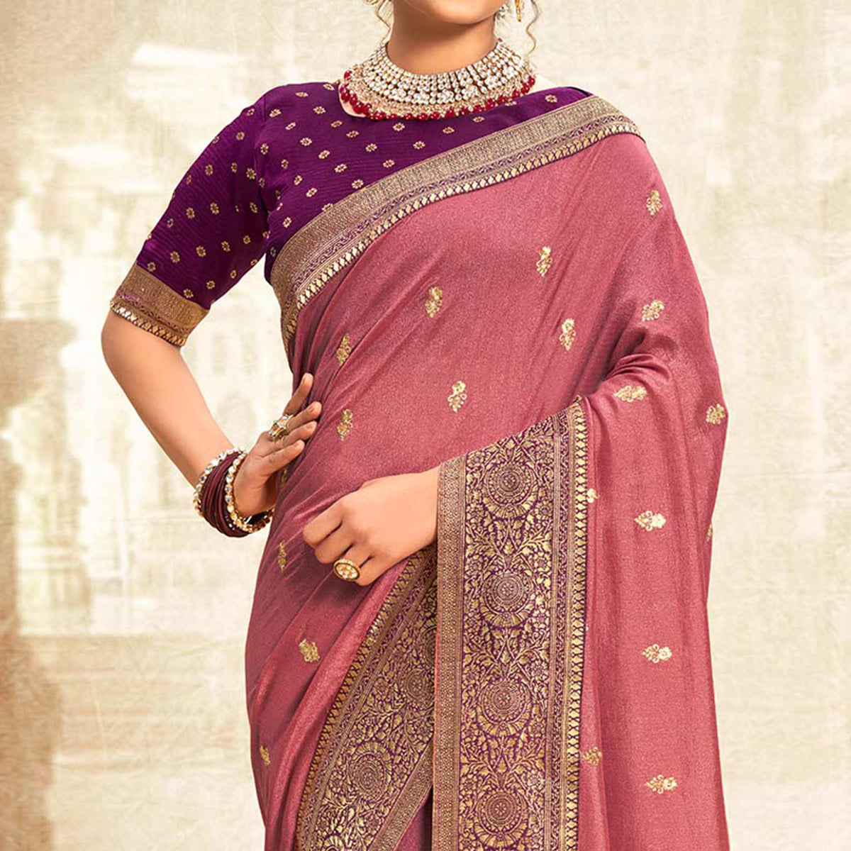 Cherry Pink Floral Zari Weaving Vichitra Silk Saree