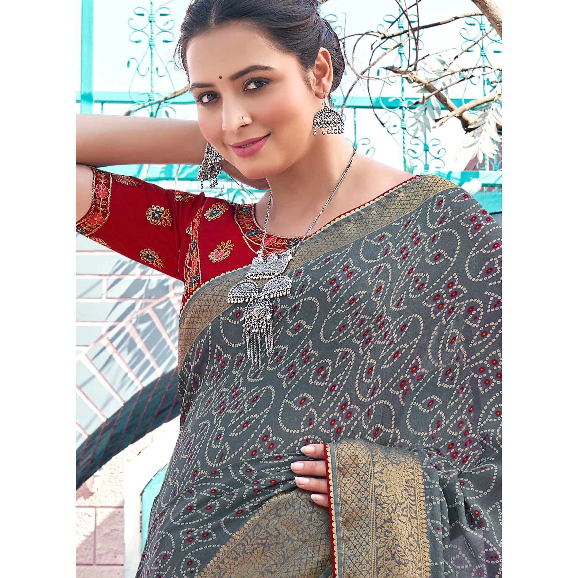 grey-bandhani-printed-georgette-saree