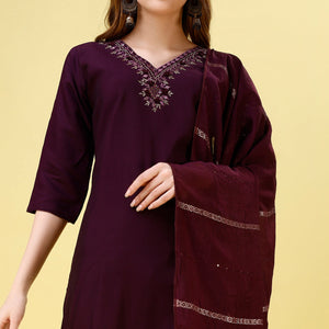 Dark Wine Mirror Embroidered Viscose Salwar Suit