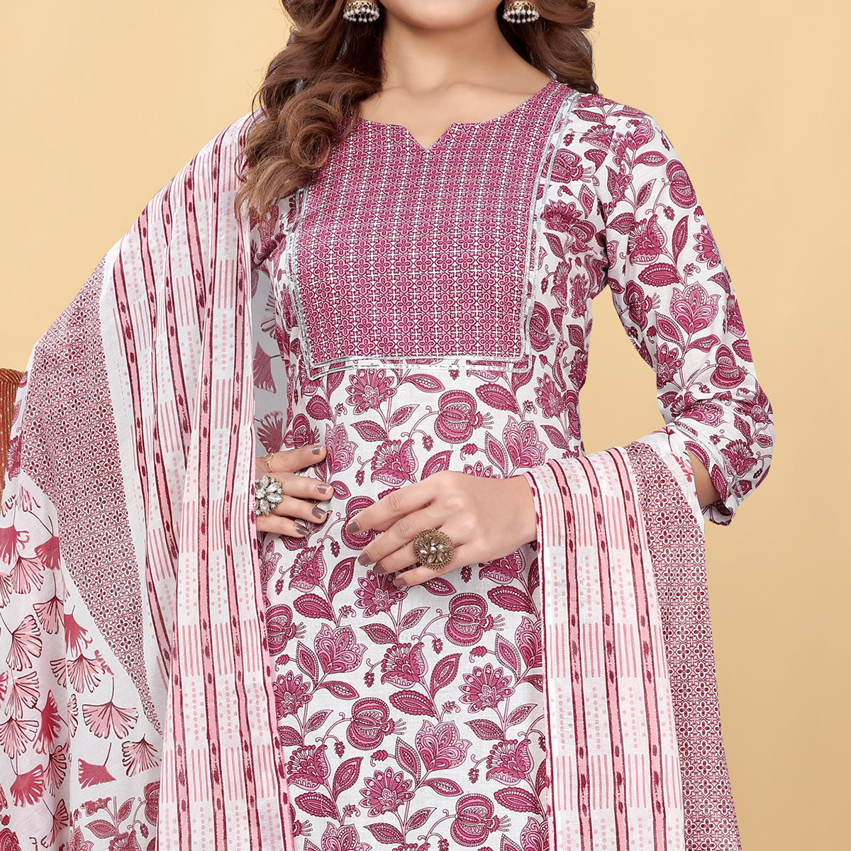 Light Wine Floral Printed Cotton Blend Salwar Suit