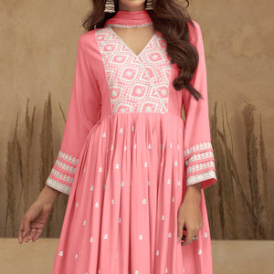 Light Pink Lucknowi Embroidered Rayon Naira Cut Suit