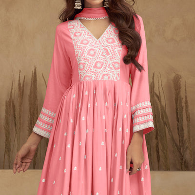 Light Pink Lucknowi Embroidered Rayon Naira Cut Suit