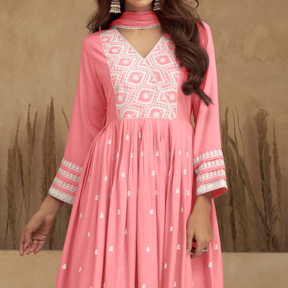 Light Pink Lucknowi Embroidered Rayon Naira Cut Suit