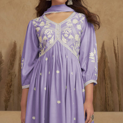 Light Purple Lucknowi Embroidered Rayon Alia Cut Suit