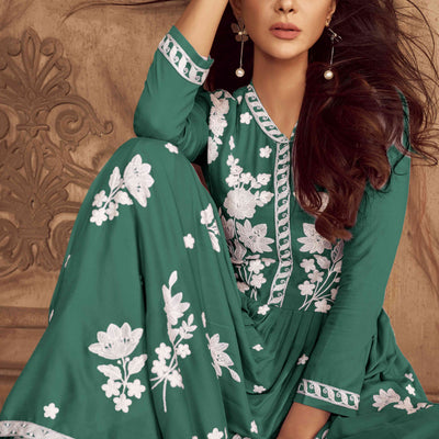 Mineral Green Lucknowi Embroidered Rayon Palazzo Suit