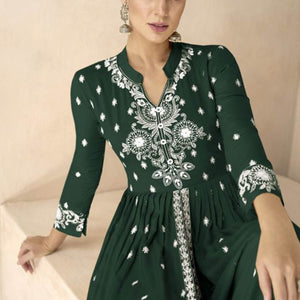 Dark Green Floral Embroidered Rayon Palazzo Suit