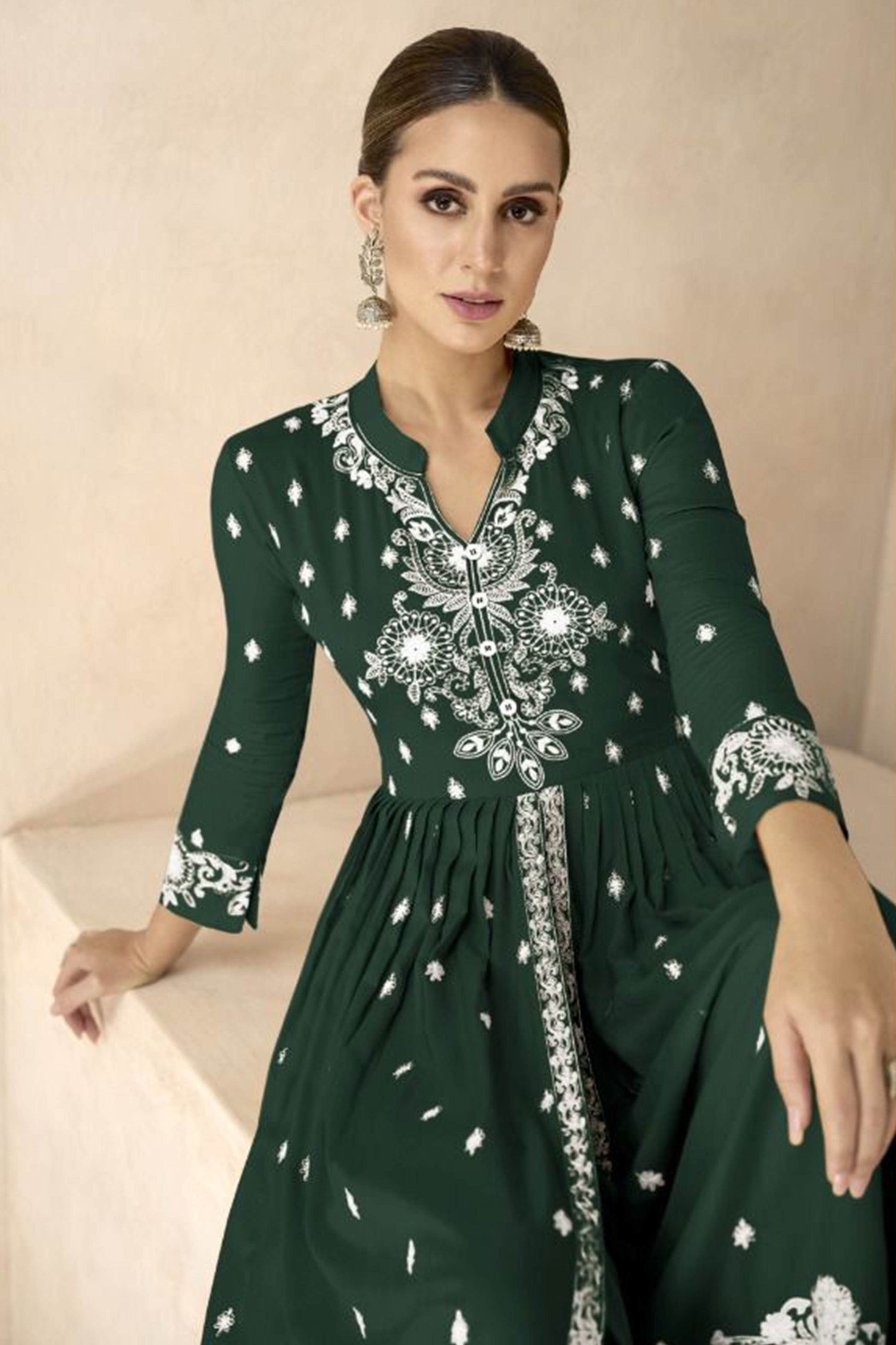 Dark Green Floral Embroidered Rayon Palazzo Suit