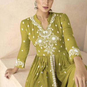 Light Green Floral Embroidered Rayon Palazzo Suit
