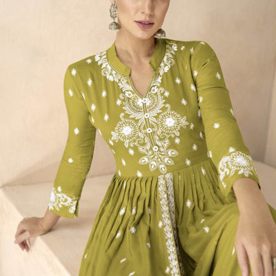 Light Green Floral Embroidered Rayon Palazzo Suit