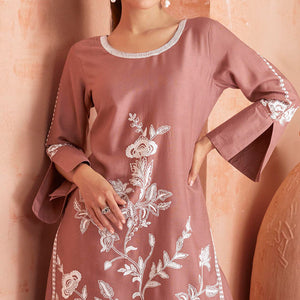 Copper Rust Floral Embroidered Rayon Kurti Palazzo Suit