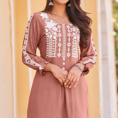 Light Rust Floral Embroidered Rayon Co Ord Set