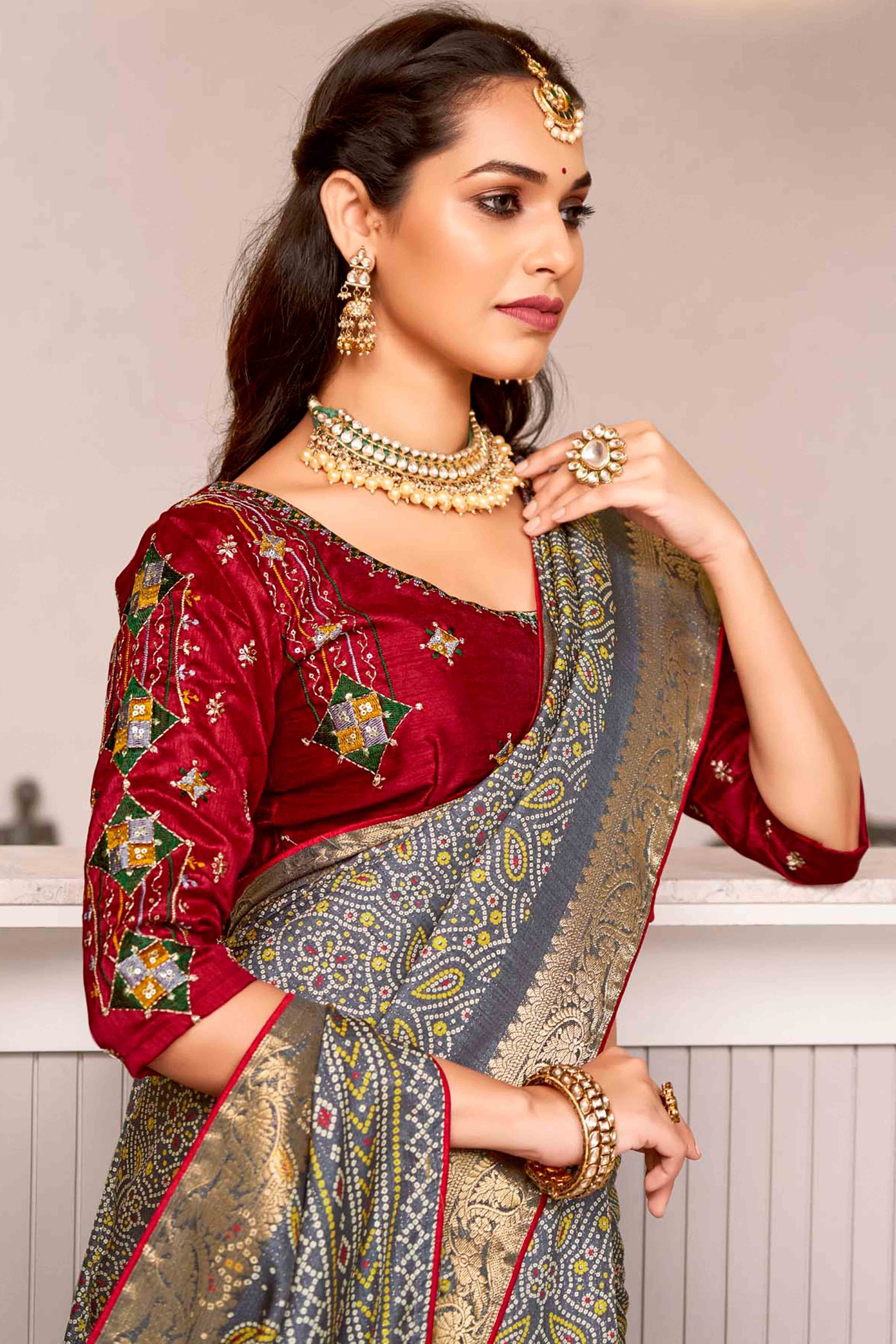 grey-bandhani-printed-crepe-saree-with-woven-border