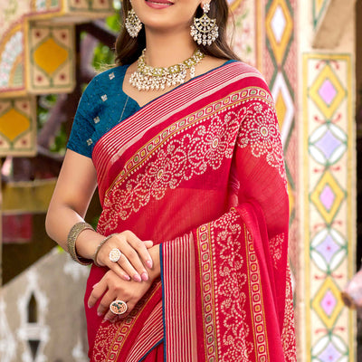 Cherry Red Bandhani Printed Shimmer Chiffon Saree