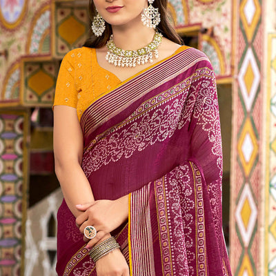 Dark Magenta Bandhani Printed Shimmer Chiffon Saree