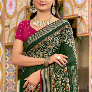 Bottle Green Bandhani Printed Shimmer Chiffon Saree