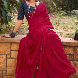 Cherry Red Woven Georgette Saree With Tassels