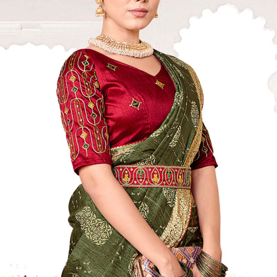 Mehendi Green Floral Printed Muslin Saree With Woven Border