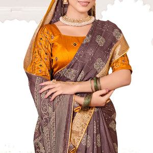 Light Mauve Floral Printed Muslin Saree With Woven Border