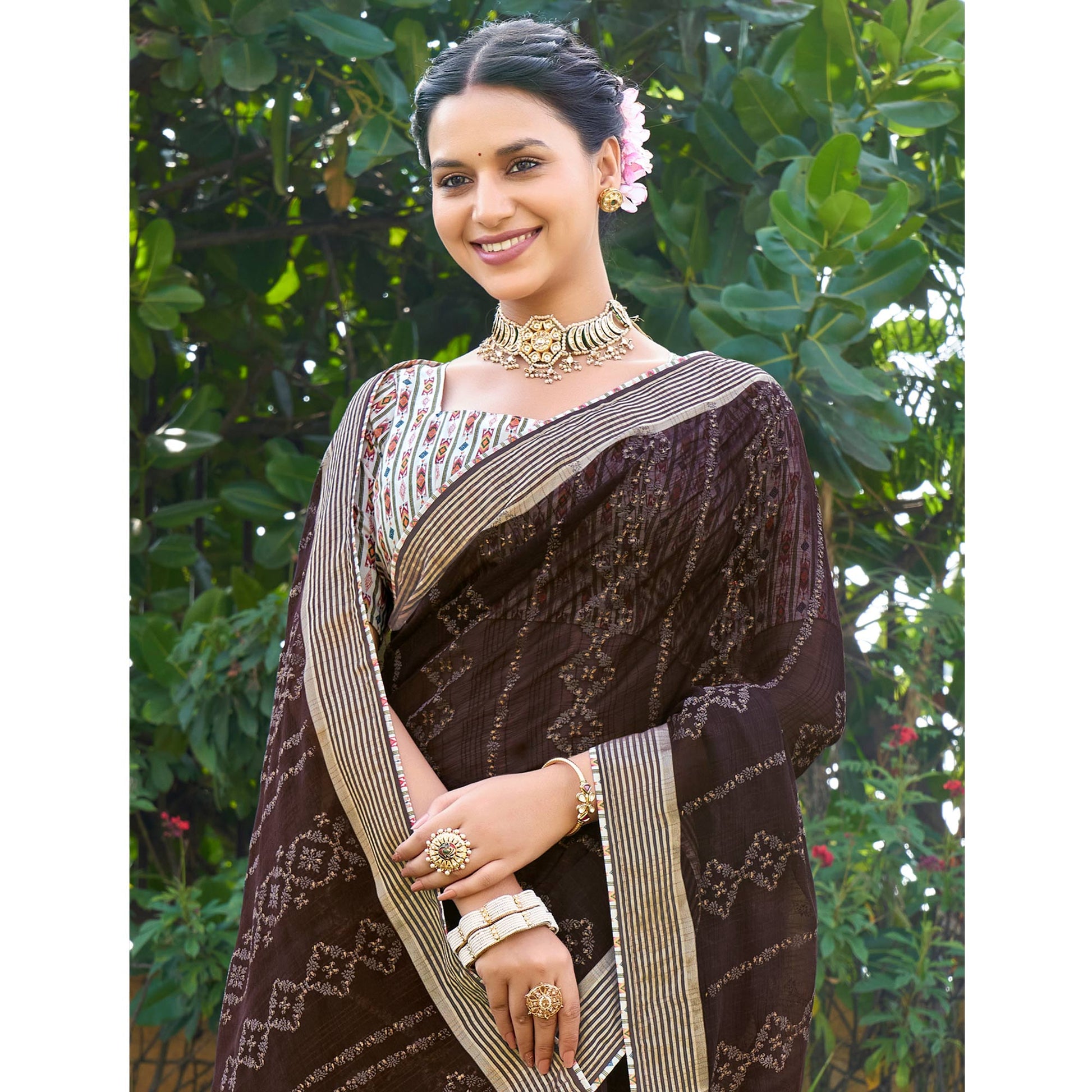 Brown Printed Chiffon Saree