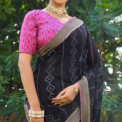 Dark Navy Blue Printed Chiffon Saree