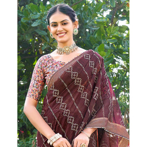 Coffee Brown Printed Chiffon Saree