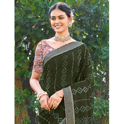 Mehandi Green Printed Chiffon Saree