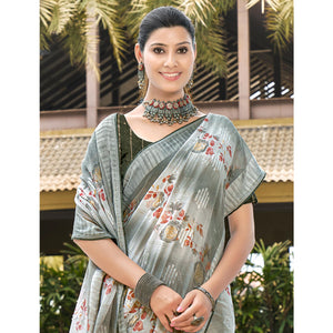 Grey Printed Georgette Saree With Swarovski Work