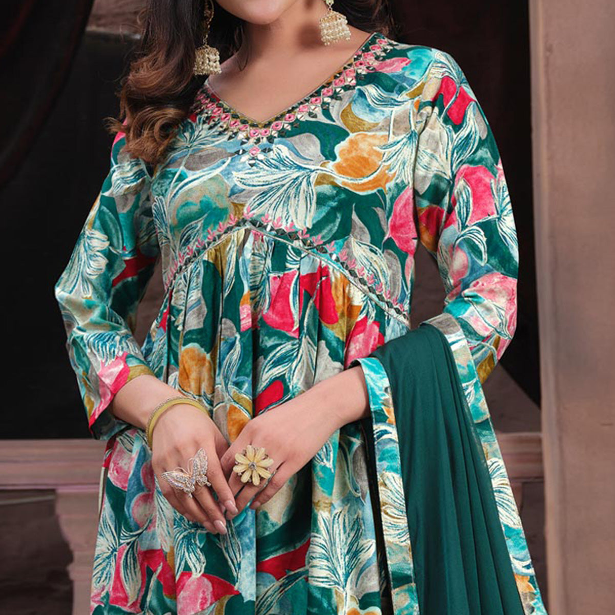 green-floral-printed-rayon-alia-cut-salwar-suit