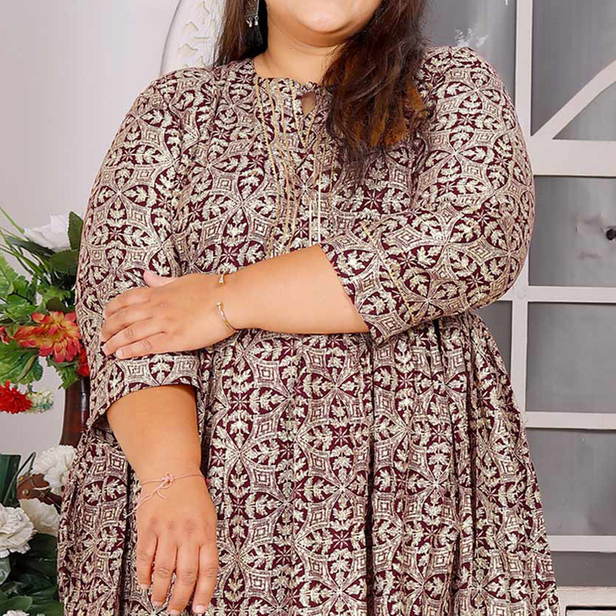 Maroon Floral Printed Rayon Long Kurti