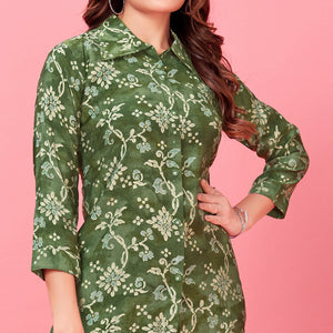 Bottle Green Floral Printed Chanderi Co Ord Set