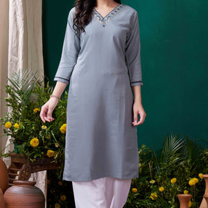 Grey Yoke Embroidered Pure Cotton Straight Kurti