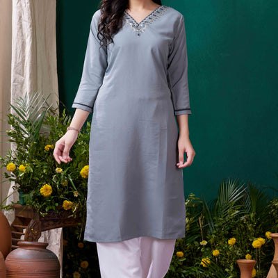 Grey Yoke Embroidered Pure Cotton Straight Kurti
