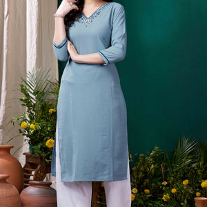 Blue Yoke Embroidered Pure Cotton Straight Kurti