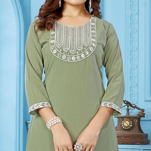 green-sequins-embroidered-cotton-blend-kurti-pant-set-1
