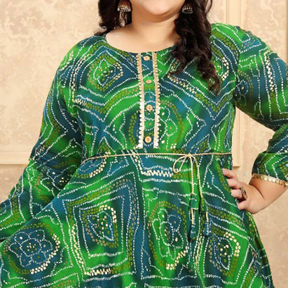 green-bandhani-printed-rayon-long-kurti