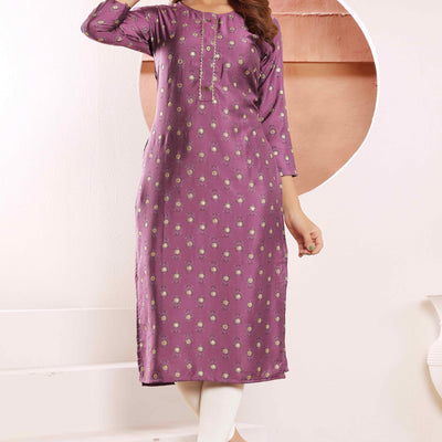 Mauve Floral Foil Printed Muslin Viscose Kurti