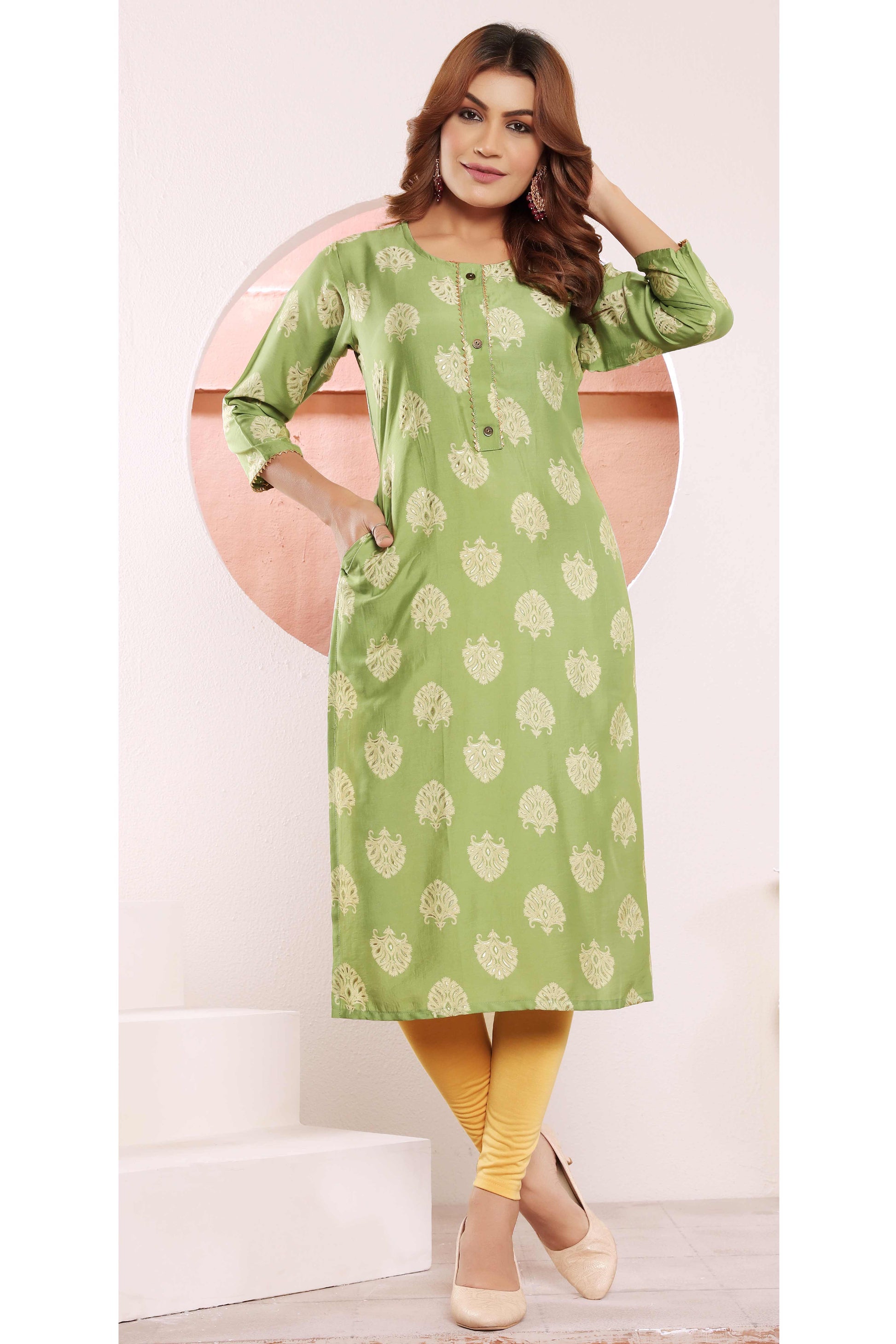 green-floral-foil-printed-muslin-viscose-kurti