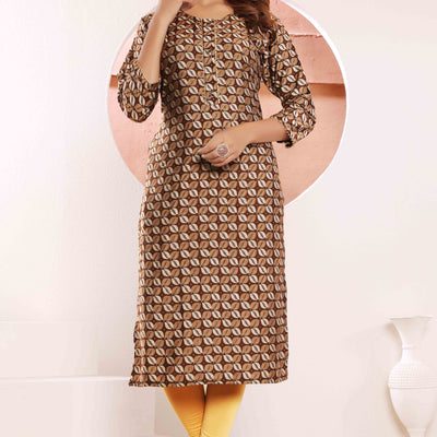 Brown Foil Printed Muslin Viscose Kurti