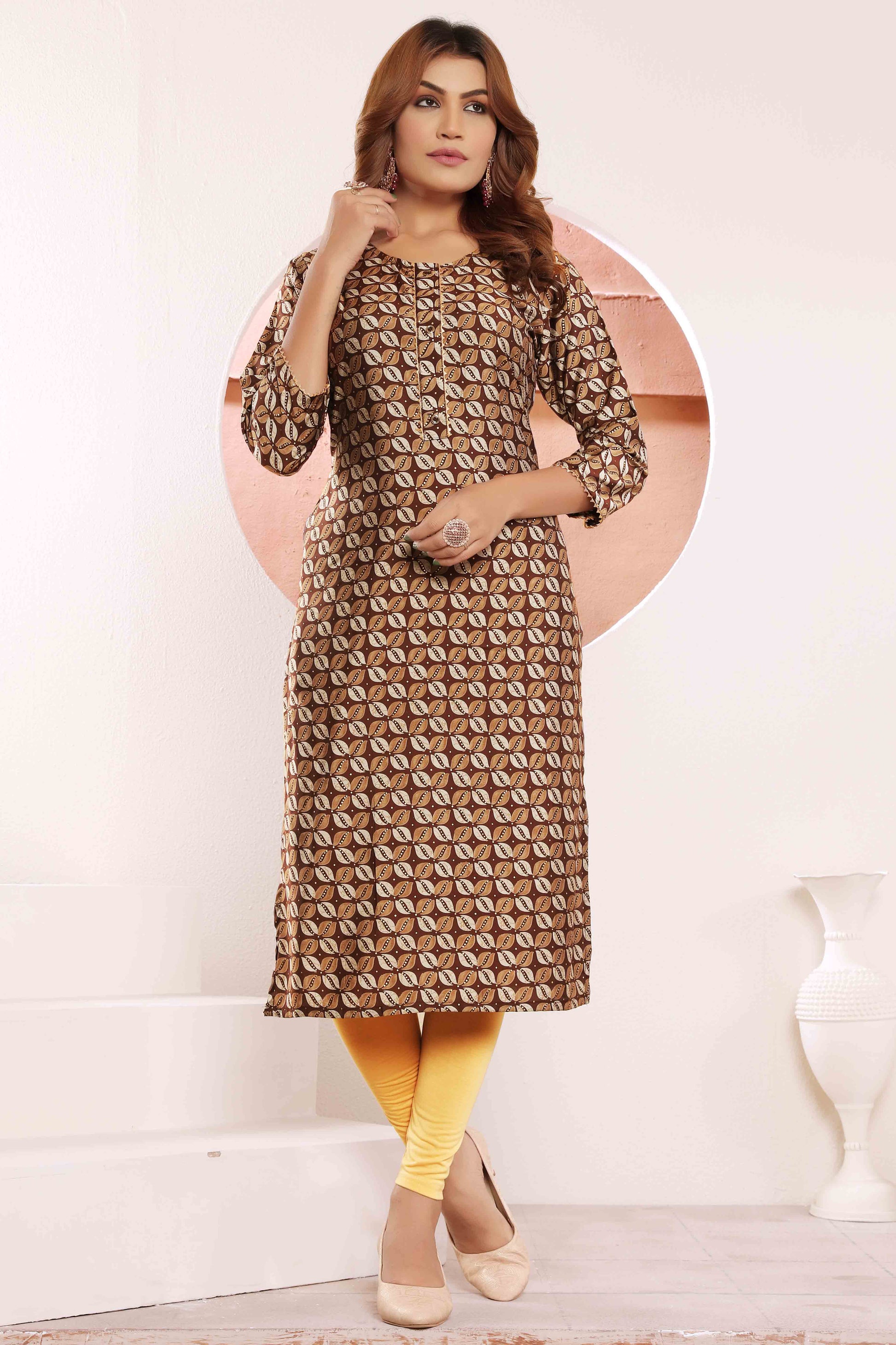 Brown Foil Printed Muslin Viscose Kurti