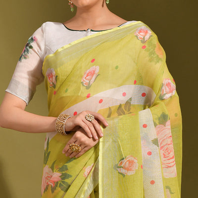 green-floral-digital-printed-linen-saree-with-tassels-1