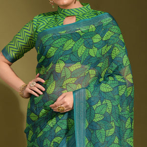 green-digital-printed-linen-saree-with-tassels-2