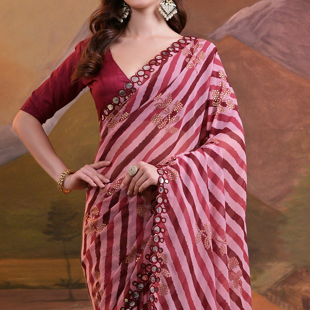 Maroon Leheriya With Floral Foil Printed Georgette Saree