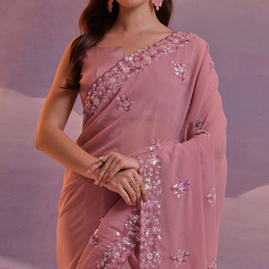 Mauve Floral Sequins Embroidered Saree