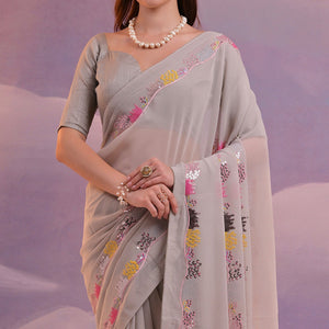 Grey Sequins Embroidered Georgette Saree With Lace Border