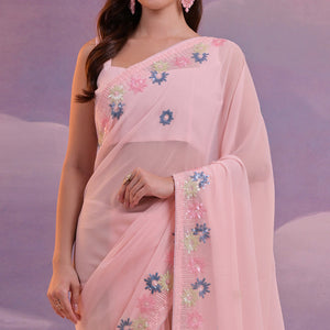 Light Pink Floral Sequins Embroidered Georgette Saree