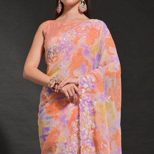 Light Orange Sequins Embroidered With Printed Georgette Saree